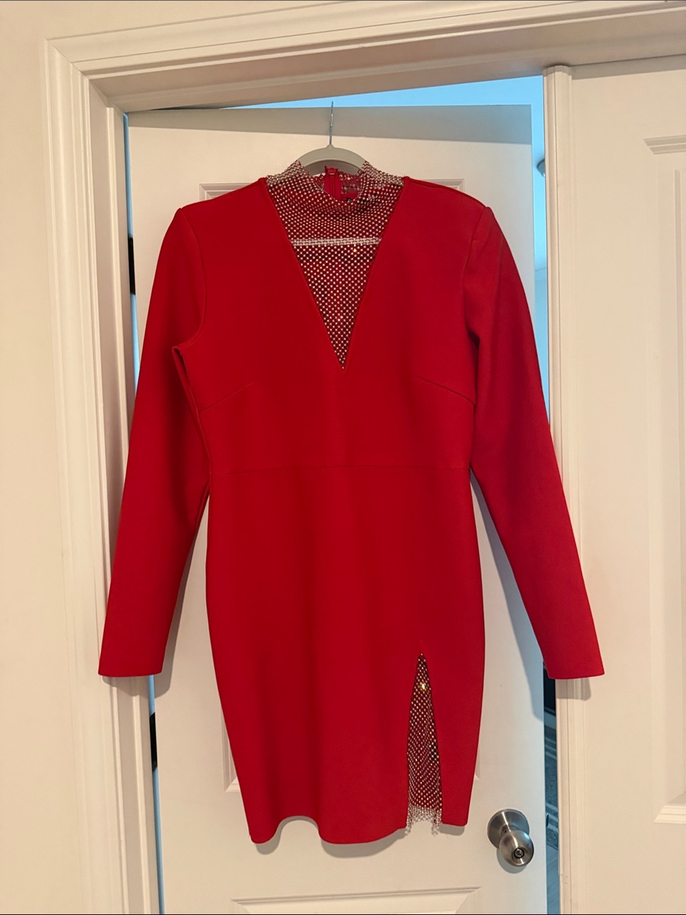 Fashion Nova Red Long-Sleeve V-Neck Dress with Rhinestone Mesh Accents